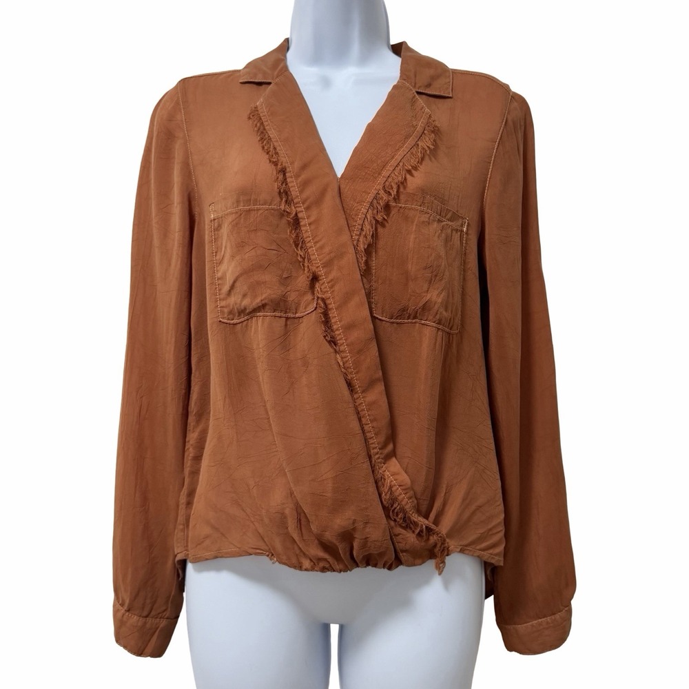 Maven West Cupro Satin V Neck Wrap Top Size XS Taupe Brown Raw Edges Western USA